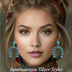 Authentic Navajo Kingman Mines Turquoise Sterling Silver Squash Blossom Earrings